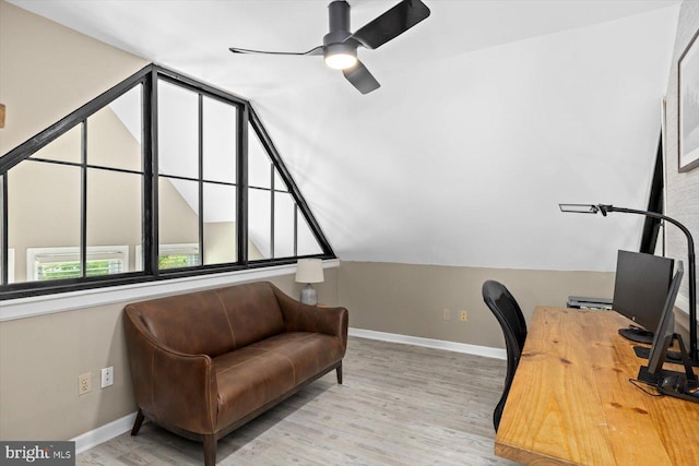 9 Tally Ho Dr, Fredericksburg, VA 22405 - home office with baseboards, light wood-style flooring, ceiling fan, and vaulted ceiling