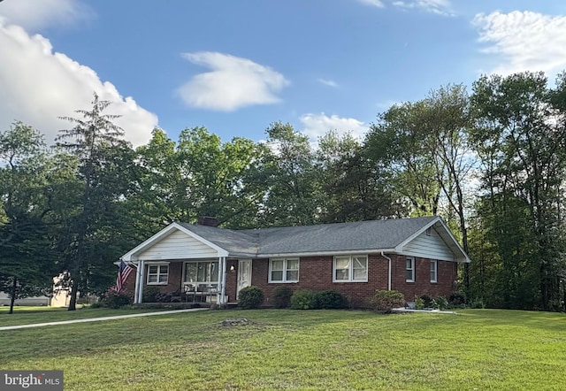 396 Franklin St, Clayton, NJ 08312 - ranch-style home with brick siding, a front yard, a porch, and a chimney