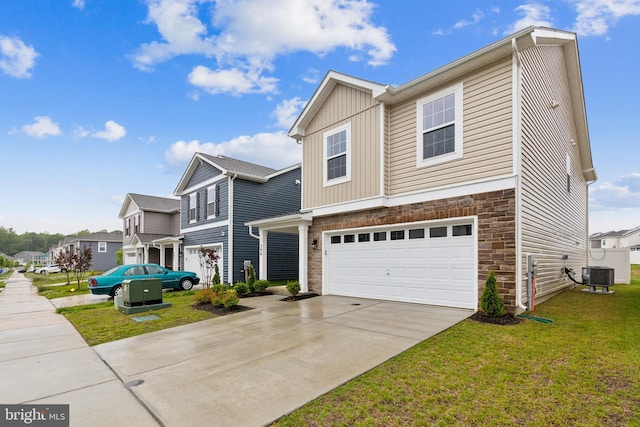 298 Forest Edge Ave, La Plata, MD 20646 - view of front of property with cooling unit, a garage, driveway, a front yard, and board and batten siding