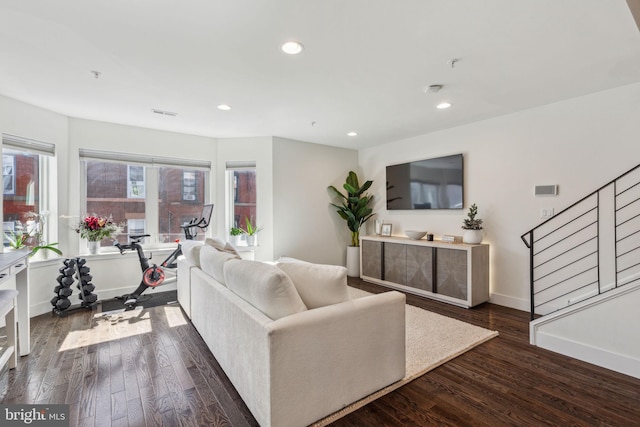 912 N 16th St Unit C, Philadelphia, PA 19130 - living room featuring dark wood-style floors, stairway, recessed lighting, and baseboards