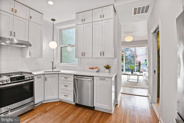908 Westminster St NW, Washington, DC 20001 - kitchen with appliances with stainless steel finishes, under cabinet range hood, a sink, light countertops, and recessed lighting