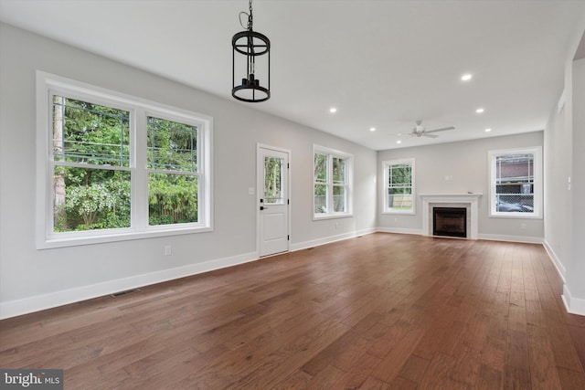 721 Walden Rd, Elkins Park, PA 19027 - unfurnished living room featuring ceiling fan, hardwood / wood-style flooring, baseboards, a fireplace, and recessed lighting