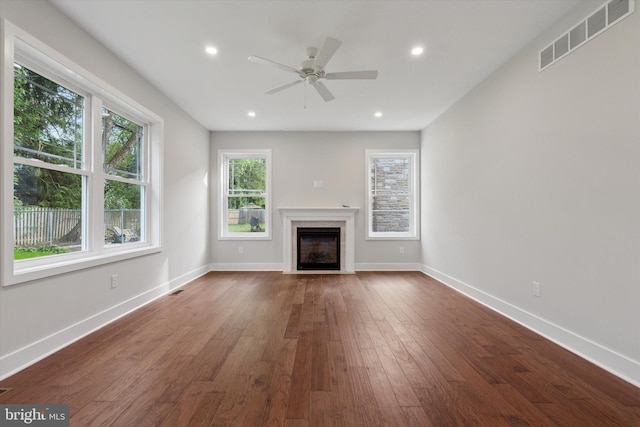 721 Walden Rd, Elkins Park, PA 19027 - unfurnished living room featuring dark wood-style floors, a fireplace with flush hearth, baseboards, ceiling fan, and recessed lighting