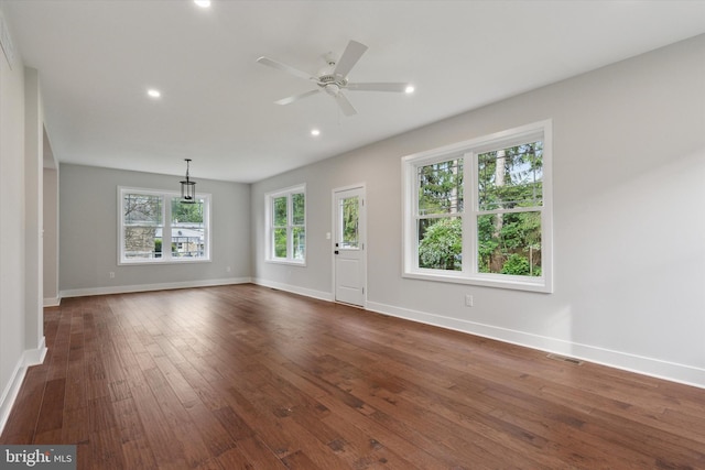 721 Walden Rd, Elkins Park, PA 19027 - unfurnished living room featuring dark wood-style flooring, a ceiling fan, baseboards, and recessed lighting