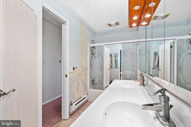 151 Elmtowne Blvd, Hammonton, NJ 08037 - bathroom featuring a baseboard radiator, wallpapered walls, double vanity, and baseboards