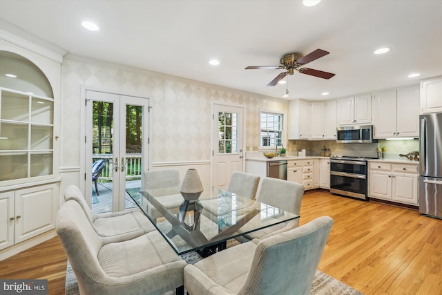 8305 Toll House Rd, Annandale, VA 22003 - dining area featuring ornamental molding, a ceiling fan, light wood-style flooring, french doors, and recessed lighting
