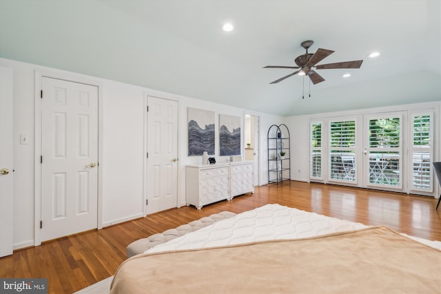 8305 Toll House Rd, Annandale, VA 22003 - bedroom with wood finished floors, lofted ceiling, access to exterior, recessed lighting, and a ceiling fan