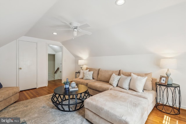 8305 Toll House Rd, Annandale, VA 22003 - living room with wood finished floors, vaulted ceiling, a ceiling fan, and recessed lighting