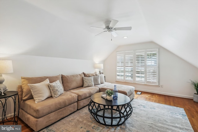8305 Toll House Rd, Annandale, VA 22003 - living room with a ceiling fan, vaulted ceiling, and wood finished floors
