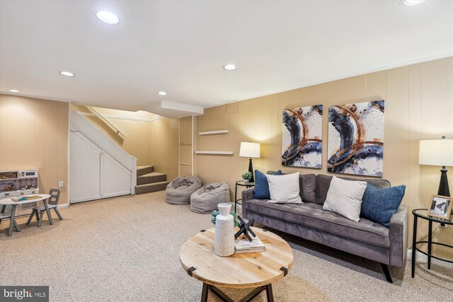 8305 Toll House Rd, Annandale, VA 22003 - carpeted living area featuring stairs, recessed lighting, and a decorative wall
