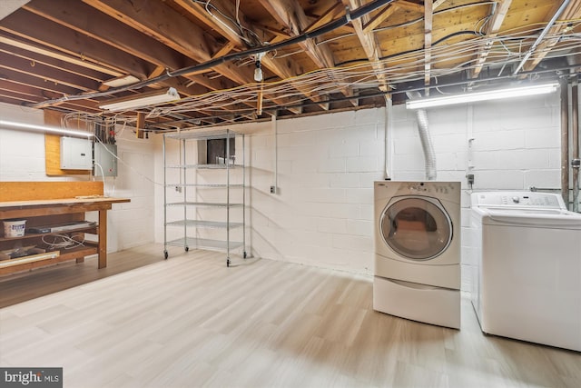 8305 Toll House Rd, Annandale, VA 22003 - laundry room featuring washing machine and dryer, wood finished floors, and electric panel