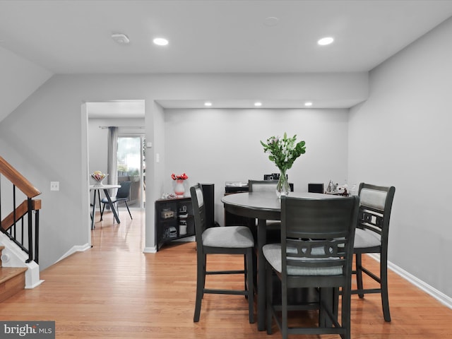 12215 Wye Oak Commons Cir Unit 66, Burke, VA 22015 - dining room featuring stairway, light wood-type flooring, recessed lighting, and baseboards