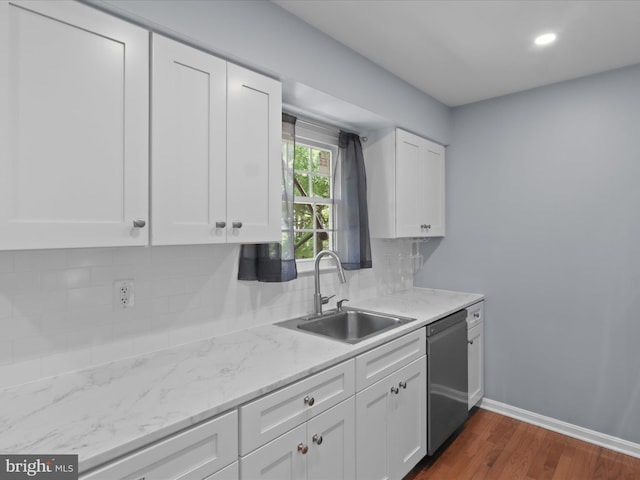 12215 Wye Oak Commons Cir Unit 66, Burke, VA 22015 - kitchen featuring a sink, stainless steel dishwasher, backsplash, white cabinetry, and dark wood finished floors