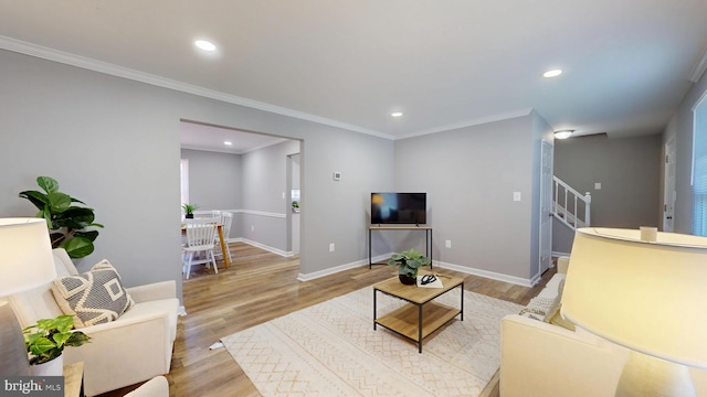 1202 Eugenia Way, Bel Air, MD 21014 - living room with wood finished floors, recessed lighting, stairway, ornamental molding, and baseboards