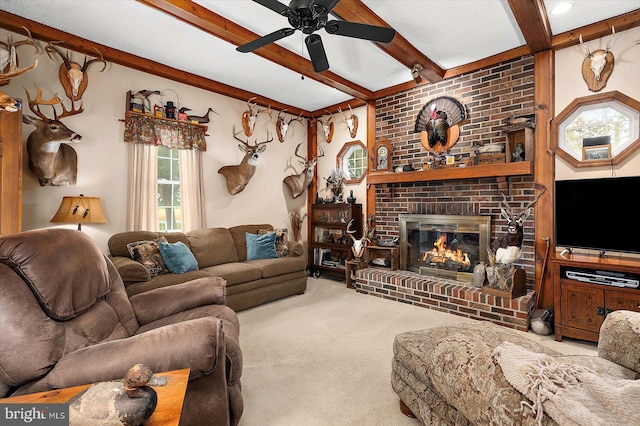 8807 Woodland Ferry Rd, Laurel, DE 19956 - carpeted living room featuring ceiling fan, beam ceiling, and a brick fireplace