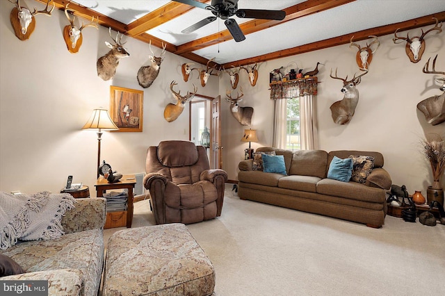 8807 Woodland Ferry Rd, Laurel, DE 19956 - living room featuring ceiling fan, carpet flooring, beamed ceiling, and a skylight
