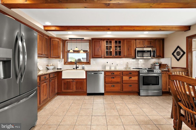 8807 Woodland Ferry Rd, Laurel, DE 19956 - kitchen with stainless steel appliances, beamed ceiling, a sink, decorative backsplash, and recessed lighting