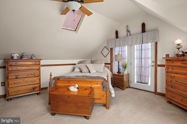 8807 Woodland Ferry Rd, Laurel, DE 19956 - bedroom featuring light colored carpet, lofted ceiling, baseboards, and ceiling fan