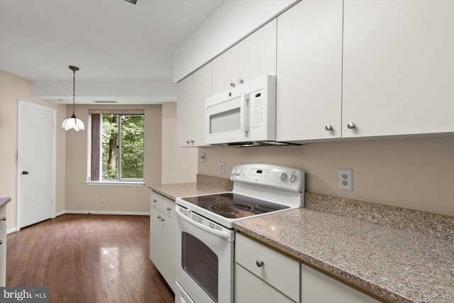 5802 Nicholson Ln Unit 2-407, Rockville, MD 20852 - kitchen featuring white appliances, white cabinetry, dark wood finished floors, hanging light fixtures, and baseboards