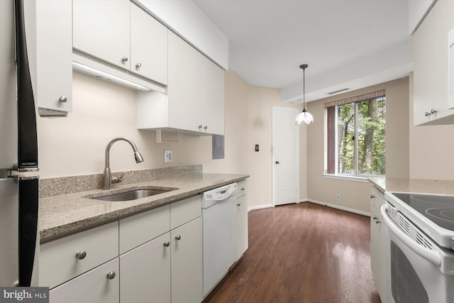 5802 Nicholson Ln Unit 2-407, Rockville, MD 20852 - kitchen featuring a sink, white appliances, white cabinetry, dark wood-style flooring, and baseboards