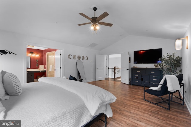 815 Summersweet Ct, Huntingtown, MD 20639 - bedroom with lofted ceiling, wood finished floors, baseboards, ensuite bath, and a ceiling fan