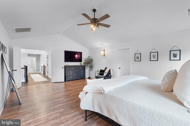 815 Summersweet Ct, Huntingtown, MD 20639 - bedroom with light wood-style flooring, high vaulted ceiling, ceiling fan, and baseboards