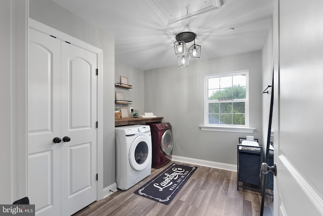 815 Summersweet Ct, Huntingtown, MD 20639 - washroom with independent washer and dryer, attic access, baseboards, and dark wood finished floors