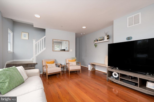 1005 Madison Ct, Annapolis, MD 21403 - living room featuring stairs, wood finished floors, recessed lighting, and baseboards