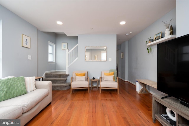 1005 Madison Ct, Annapolis, MD 21403 - living room with stairway, wood finished floors, recessed lighting, and baseboards