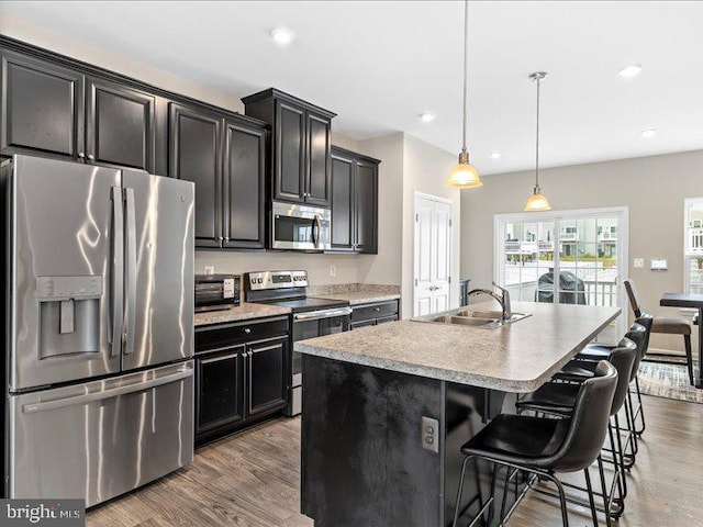 107 Lookout Way, Fredericksburg, VA 22405 - kitchen featuring stainless steel appliances, a sink, wood finished floors, a center island with sink, and dark cabinets
