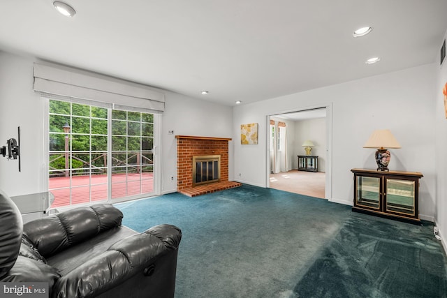 1 Carriage Way, Cinnaminson, NJ 08077 - living room featuring carpet floors, recessed lighting, a brick fireplace, and baseboards