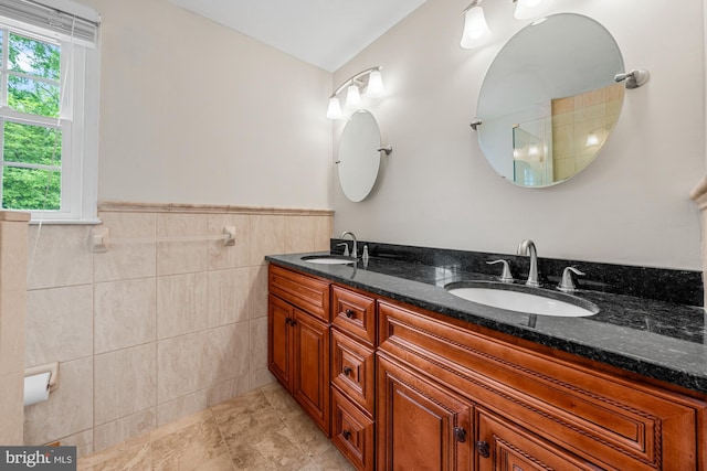 1 Carriage Way, Cinnaminson, NJ 08077 - bathroom featuring double vanity, tile walls, a wainscoted wall, and tile patterned flooring