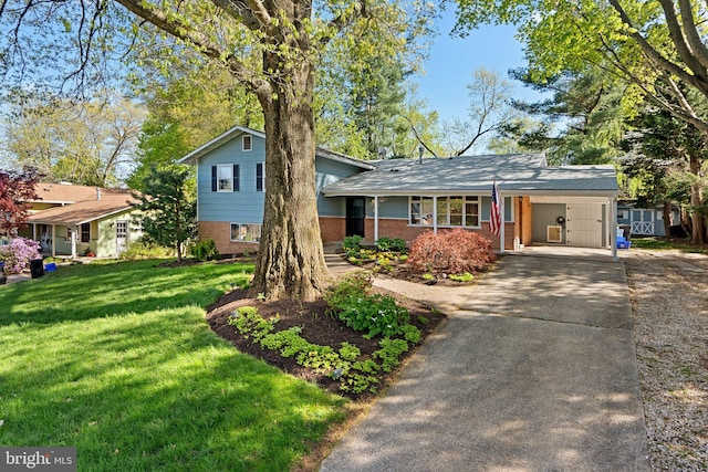 1503 Leister Dr, Silver Spring, MD 20904 - tri-level home featuring brick siding, driveway, a front lawn, and an attached carport