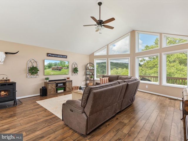 1439 Fiery Run Rd, Linden, VA 22642 - living room featuring a ceiling fan, high vaulted ceiling, plenty of natural light, wood-type flooring, and baseboards