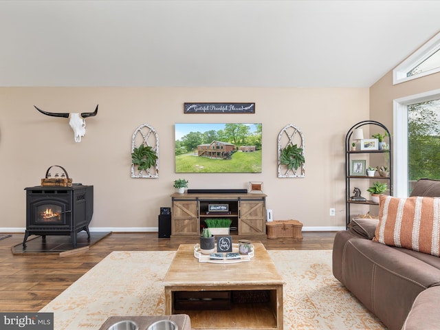 1439 Fiery Run Rd, Linden, VA 22642 - living area featuring baseboards, wood finished floors, a wood stove, and vaulted ceiling
