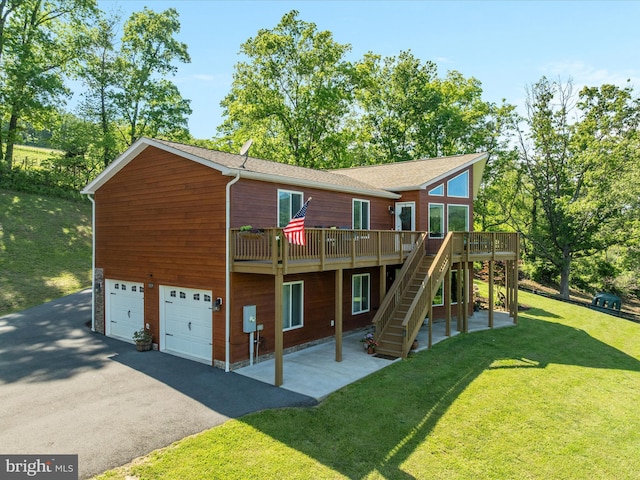 1439 Fiery Run Rd, Linden, VA 22642 - view of front of property with driveway, a wooden deck, stairway, an attached garage, and a front yard