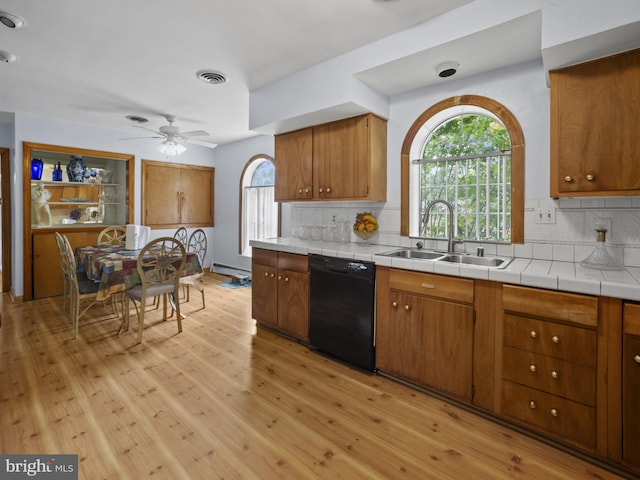 4326 Ranger Ave, Temple Hills, MD 20748 - kitchen with dishwasher, a sink, a baseboard heating unit, light wood-style flooring, and decorative backsplash