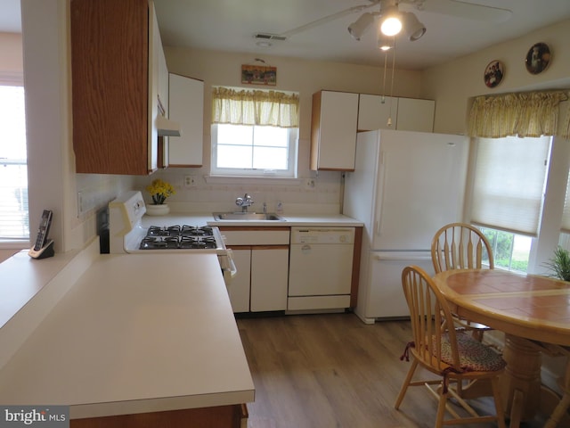 15 Meadowwood Ct, Columbus, NJ 08022 - kitchen with white appliances, a sink, ceiling fan, wood finished floors, and under cabinet range hood