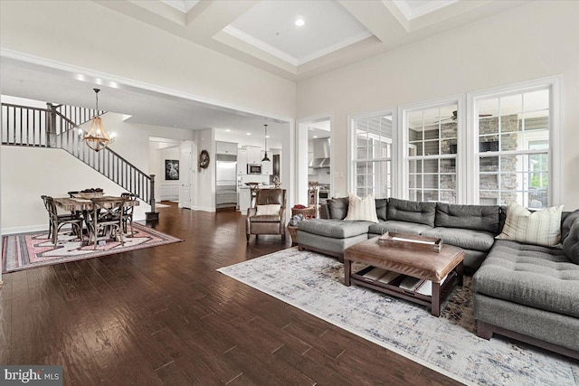 3525 Franks Ter, Monrovia, MD 21770 - living area featuring a chandelier, stairway, dark wood finished floors, a towering ceiling, and beamed ceiling