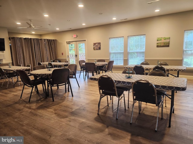 45 Freedom Ln, Bensalem, PA 19020 - dining area featuring recessed lighting, wood finished floors, a ceiling fan, and french doors