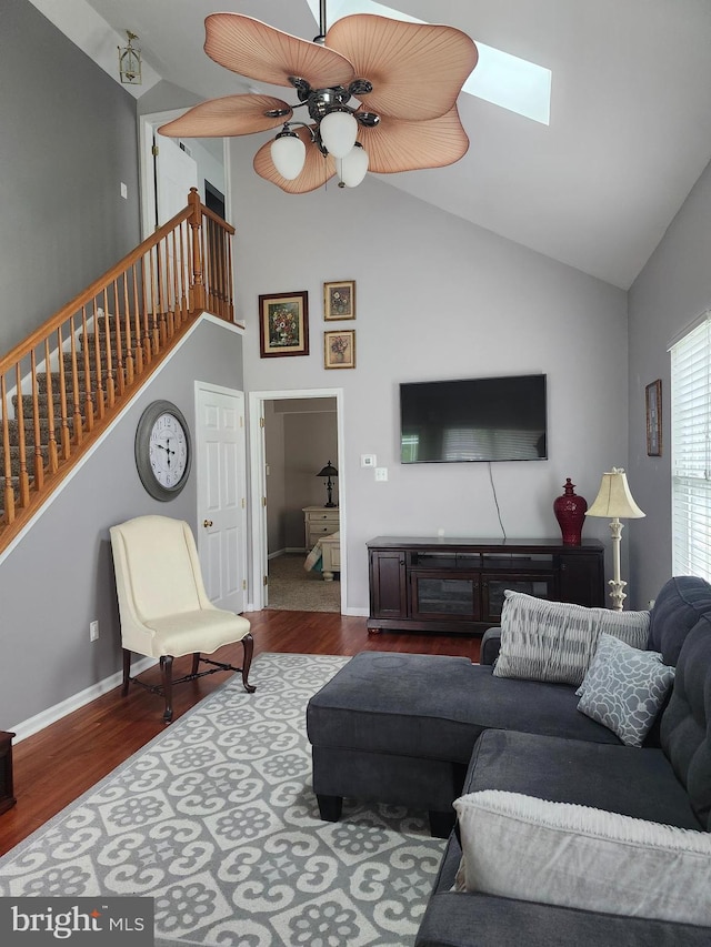 45 Freedom Ln, Bensalem, PA 19020 - living area with stairs, wood finished floors, a skylight, and high vaulted ceiling