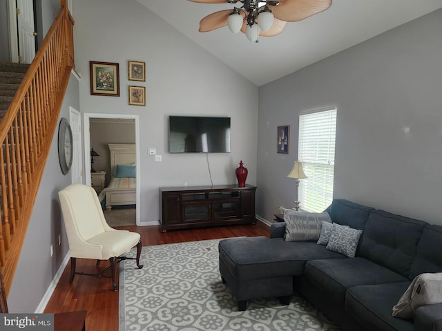 45 Freedom Ln, Bensalem, PA 19020 - living area featuring a ceiling fan, wood finished floors, stairway, high vaulted ceiling, and baseboards