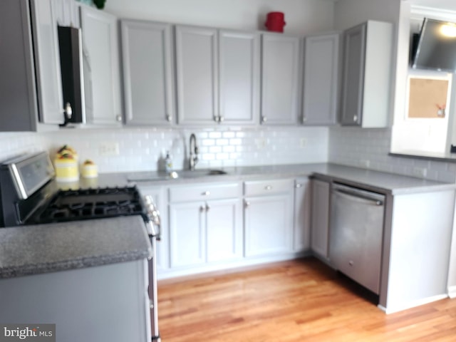 45 Freedom Ln, Bensalem, PA 19020 - kitchen with stainless steel appliances, a sink, backsplash, light wood-type flooring, and gray cabinets