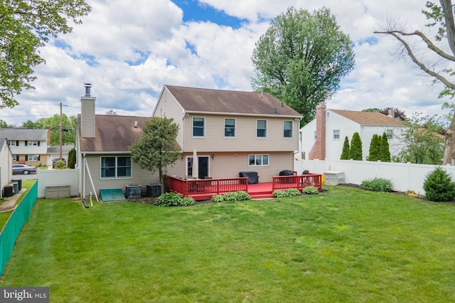 14 Yorkshire Rd, Hamilton, NJ 08610 - back of property featuring a deck, a chimney, and cooling unit