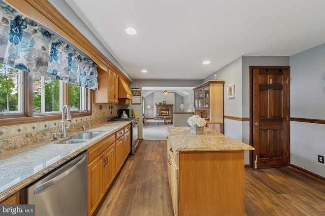 14 Yorkshire Rd, Hamilton, NJ 08610 - kitchen featuring stainless steel appliances, a sink, dark wood-style flooring, a kitchen island, and recessed lighting