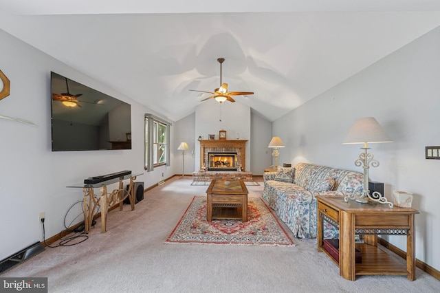 14 Yorkshire Rd, Hamilton, NJ 08610 - carpeted living area with ceiling fan, baseboards, a fireplace, and vaulted ceiling