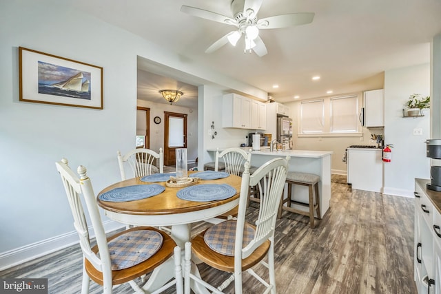 122 E Pine St, Audubon, NJ 08106 - dining space featuring ceiling fan, baseboards, dark wood finished floors, and recessed lighting