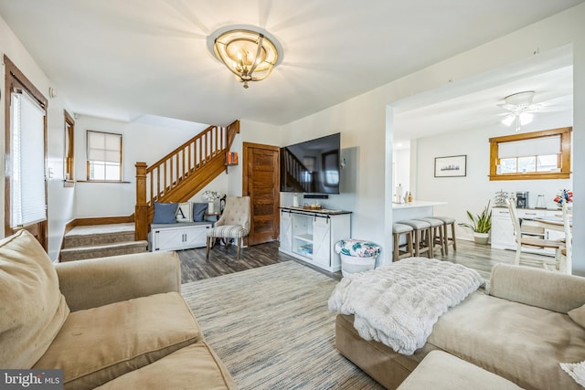 122 E Pine St, Audubon, NJ 08106 - living room featuring stairs, plenty of natural light, wood finished floors, and baseboards