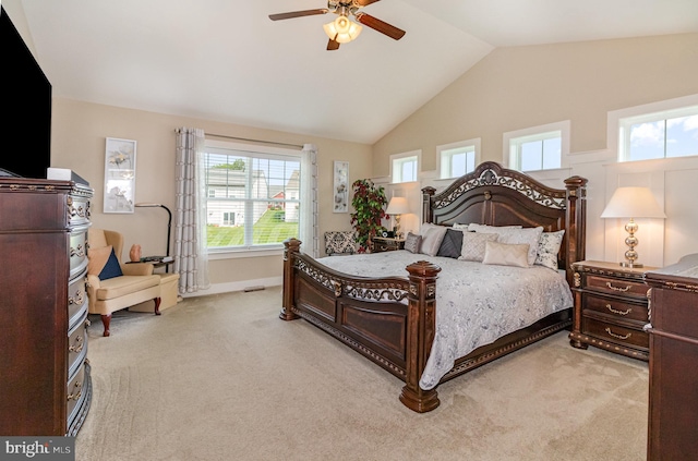 6039 Union Tunnel Dr, Harrisburg, PA 17111 - bedroom featuring light colored carpet, ceiling fan, high vaulted ceiling, and baseboards