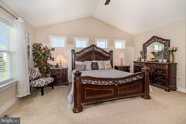 6039 Union Tunnel Dr, Harrisburg, PA 17111 - bedroom featuring light carpet, vaulted ceiling, a ceiling fan, and baseboards